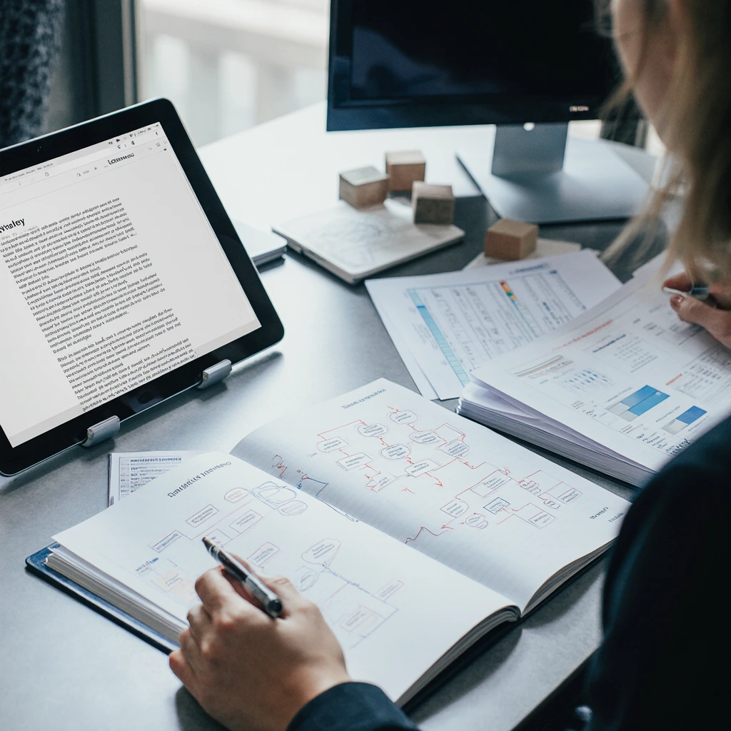 A modern desktop with SEO strategy materials: printed checklists, an open notebook with diagrams and diagrams, a tablet with a technical article, graphs and arrows for visualizing workflows. A minimalistic office, an emphasis on organization and professional content.