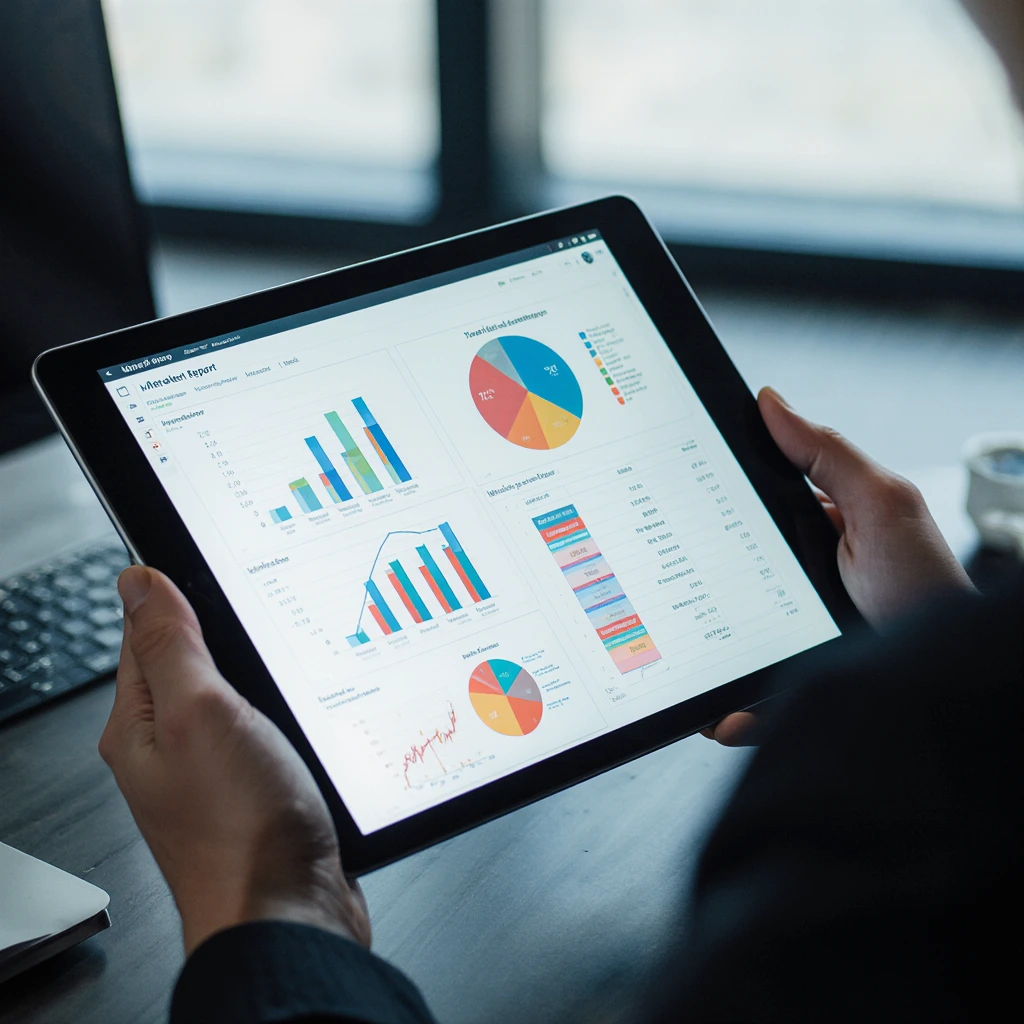 A professional analyst holding a tablet with a market report showing charts, KPIs, ROI metrics, and tactical recommendations. The image highlights practical data analysis and actionable insights for decision-making in a corporate setting.