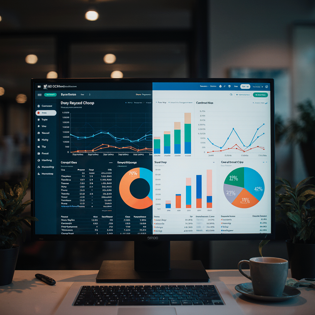 A clean, modern corporate analytics dashboard on a large monitor. Split-screen before–after comparison layout.