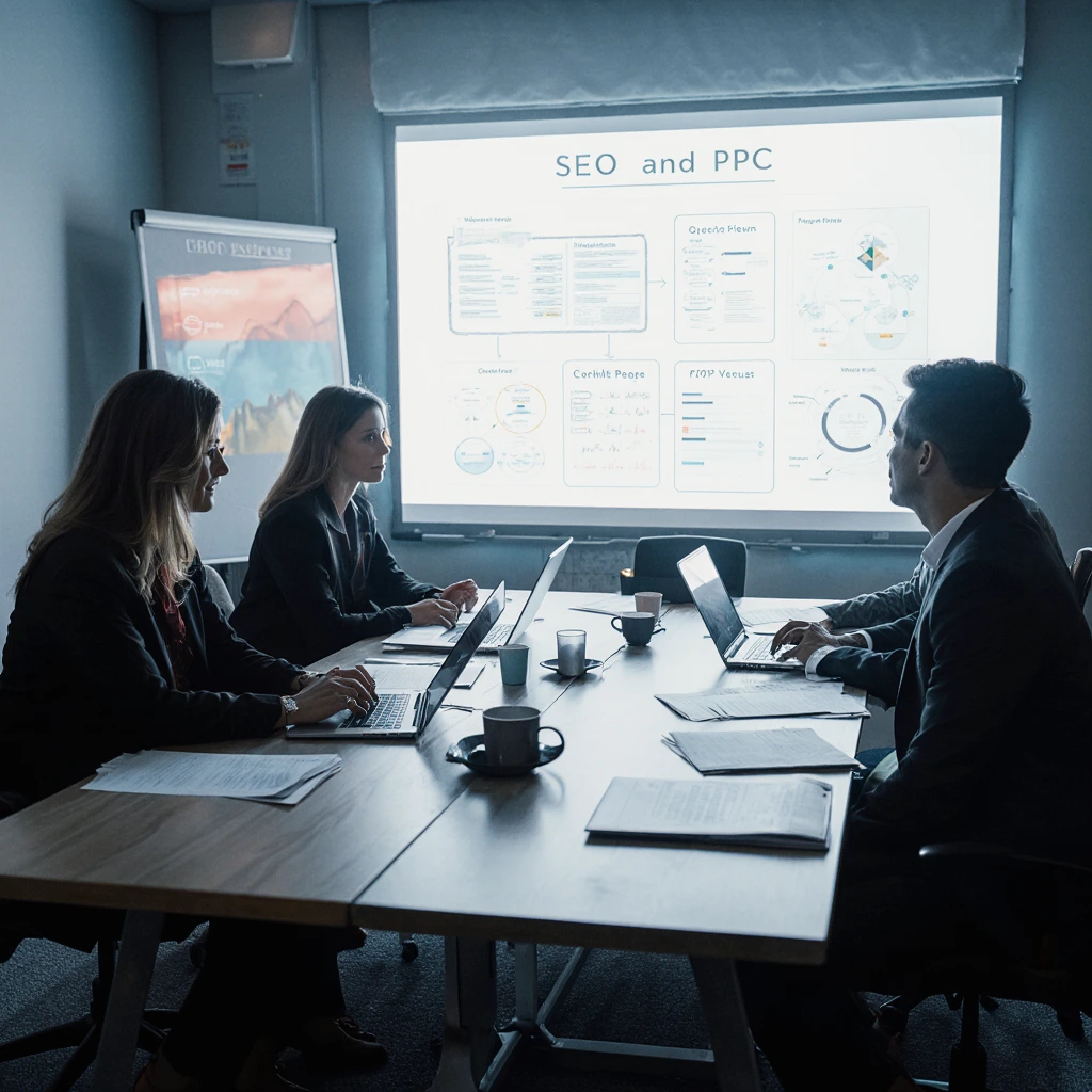 A modern office with a desktop with laptops, documents and checklists; a group of people discussing SEO and PPC strategies, graphs, diagrams and step-by-step frameworks are visible on a white board or screen. The image highlights hands-on learning and teamwork at the master class.